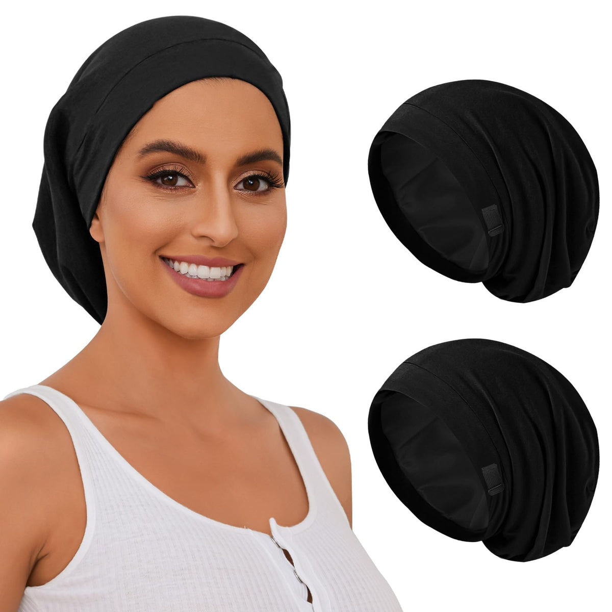 Silk Hair Bonnet for Sleeping Women Silky Satin Lined Sleep Cap Adjustable Hair Wrap Stay On All Night for Women and Men 2PCS(Bl