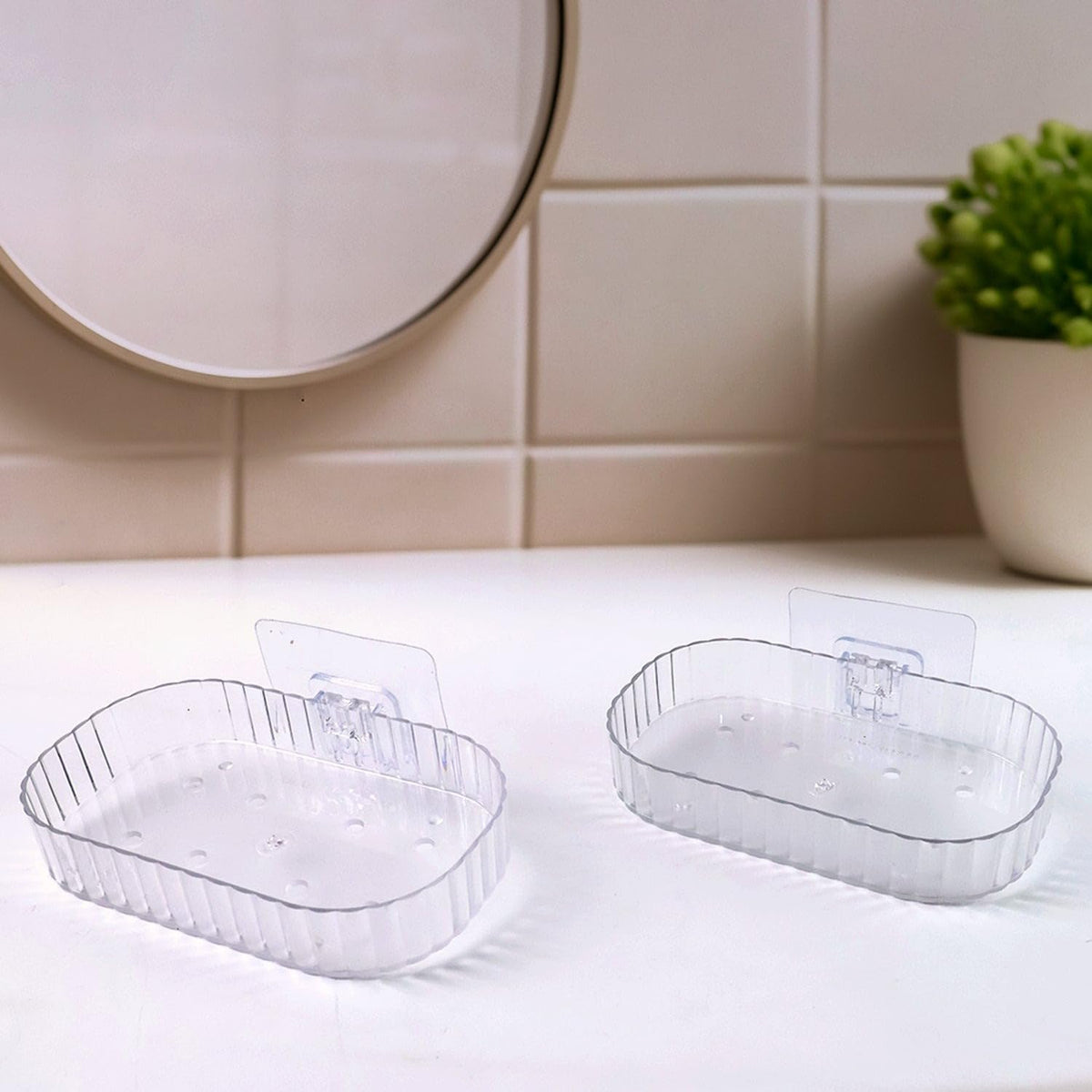 Oblivion Soap Stand for Bathroom 2 Pc  Self Adhesive Transparent Wall Mounted Soap Dish Holder with Drain Holes  Oval Ribbed R