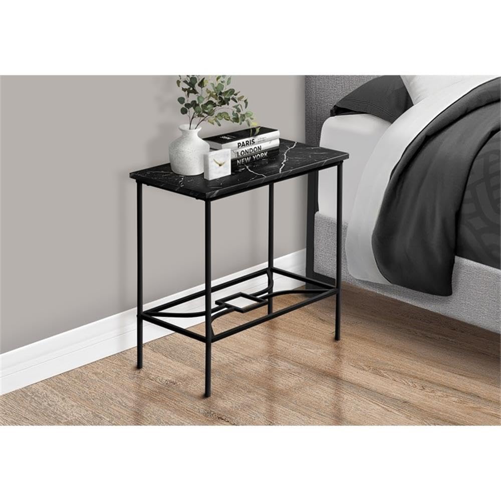 Monarch Specialties 2074 Accent Table, Side, End, Narrow, Small, 2 Tier, Living Room, Bedroom, Laminate, Contemporary, Modern Table-22, 23.75&quot; L x 11.75&quot; W x 22&quot; H, Black Marble-Look/Black Metal