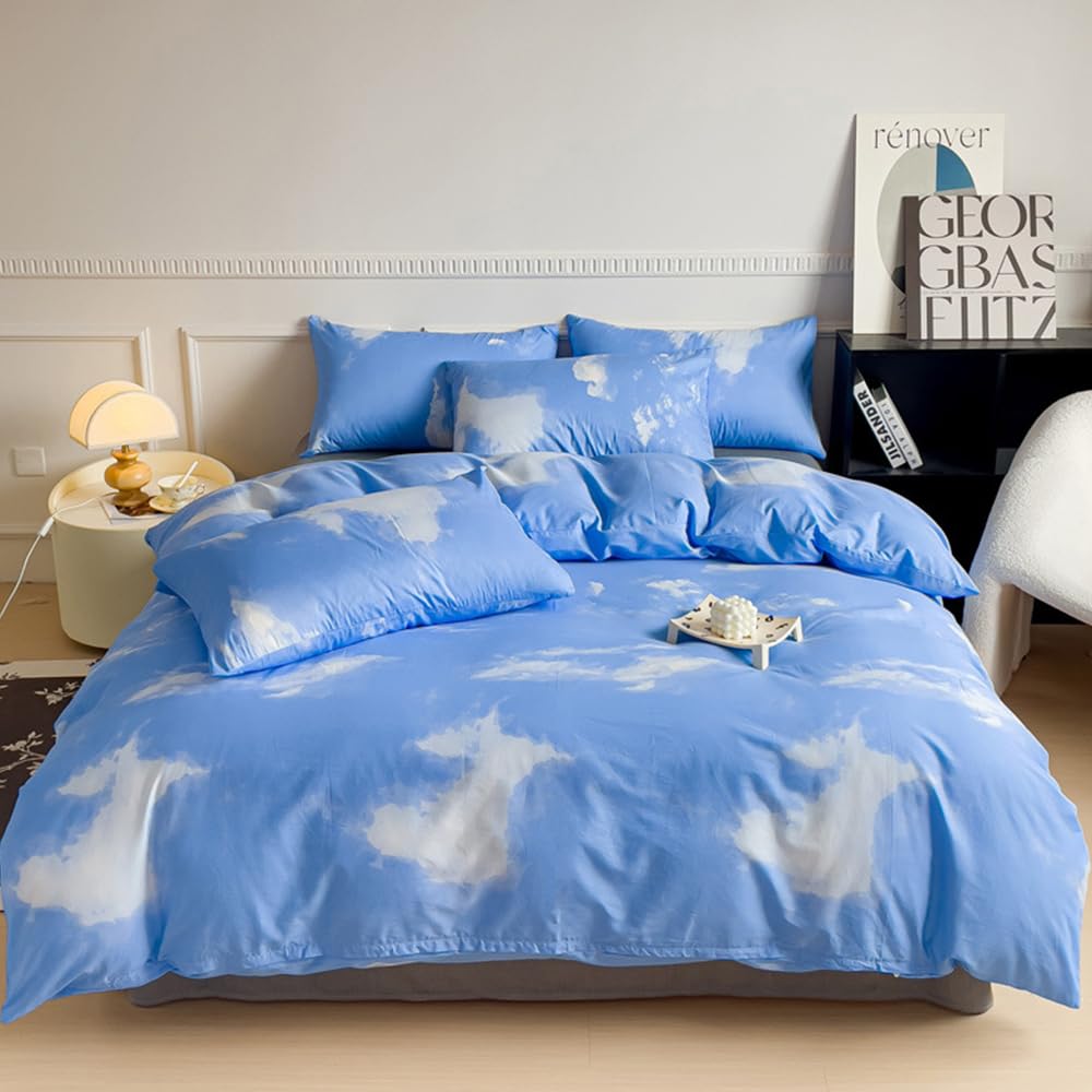 Clothknow Blue Cloud Queen Comforter Set 3Pcs Blue White Bedding Comforter Sets Blue Queen Comforter Soft Light Blue Cloud Queen Size Comforter Sets