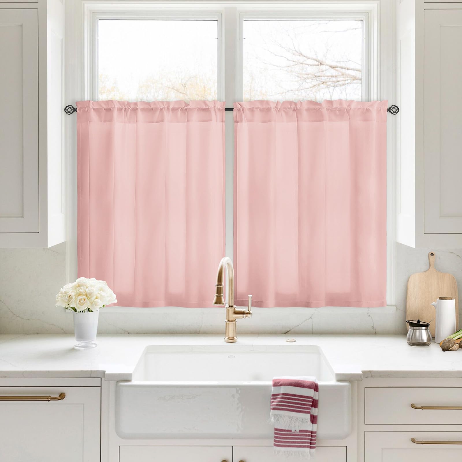 Homeideas Non-See-Through Blush Pink Privacy Sheer Kitchen Curtains 30 X 36 Inches Long 2 Panels Short Sheer Curtains Light Filtering Bathroom Window Curtains Drapes For Bedroom Living Room