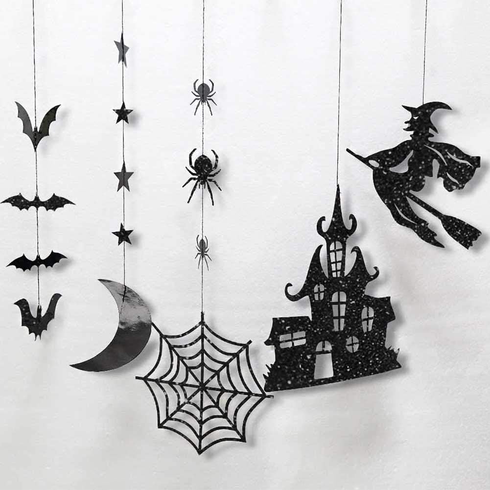 Cheerland Halloween Witch Garland For Haunted House Decoration Black Glitter Gothic Sticker Decals Star Moon Hanging Streamers B