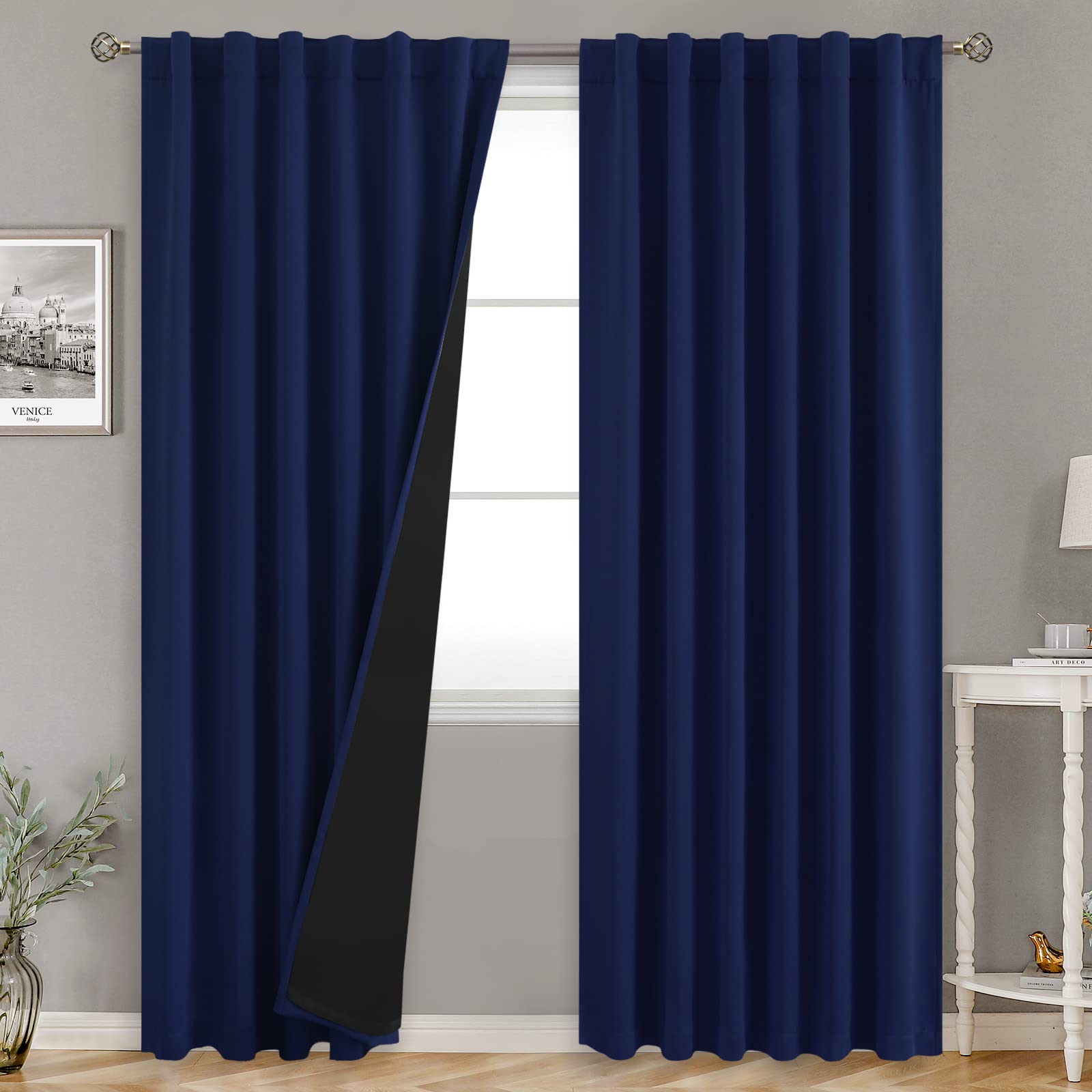 Bgment Navy Blue 100% Blackout Curtains 90 Inches Long With Reducing Noise Liner, Rod Pocket And Back Tab Double Layer Full Room