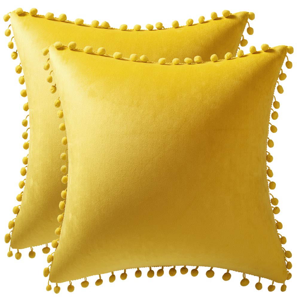 Dezene Couch Pillow Covers 16X16 Yellow: 2 Pack Cozy Soft Pom-Poms Velvet Square Throw Pillow Cases For Farmhouse Home Decor