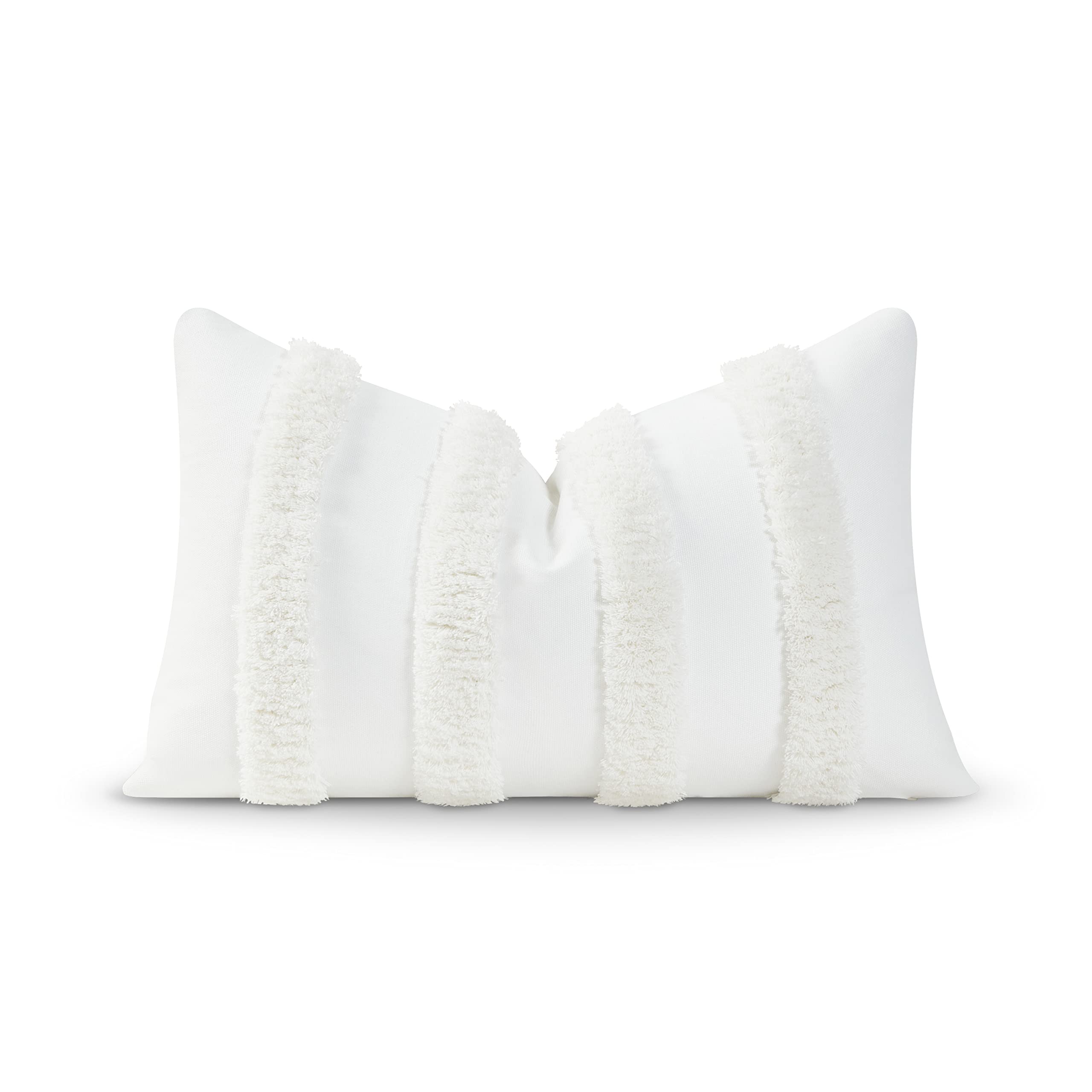 Hofdeco Premium Coastal Patio Tufted Indoor Outdoor Lumbar Pillow Cover Only, 12'X20' Water Resistant For Backyard, Couch, Whi