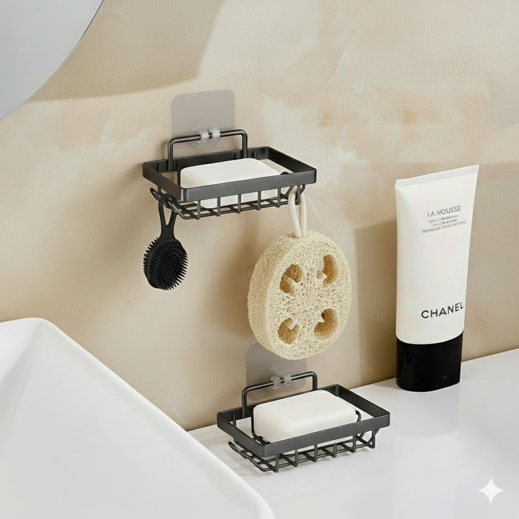 SR Pack of 2 Soap Dish for Bathroom/Self Adhesive Soap Holder for Kitchen/Soap Stand/Case/Bathroom Accessories(2)(Black)
