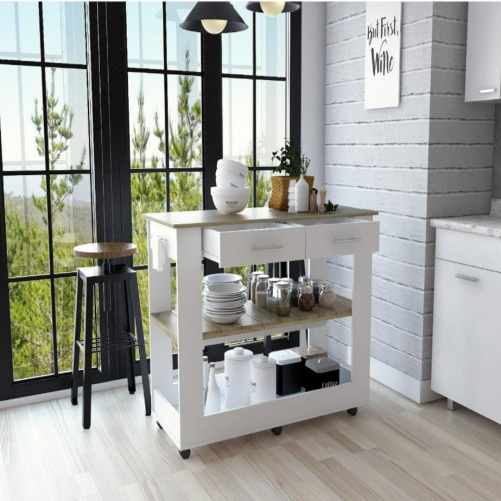 Kitchen Island 46 Inches Dozza, Two Drawers - White/Light Oak
