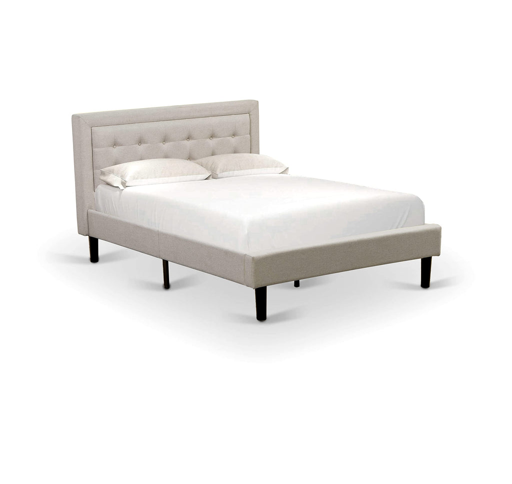 East West Furniture FNF-08-F Platform Full Size Bed - Mist Beige Linen Fabric Upholstered Bed Headboard with Button Tufted Trim Design - Black Legs