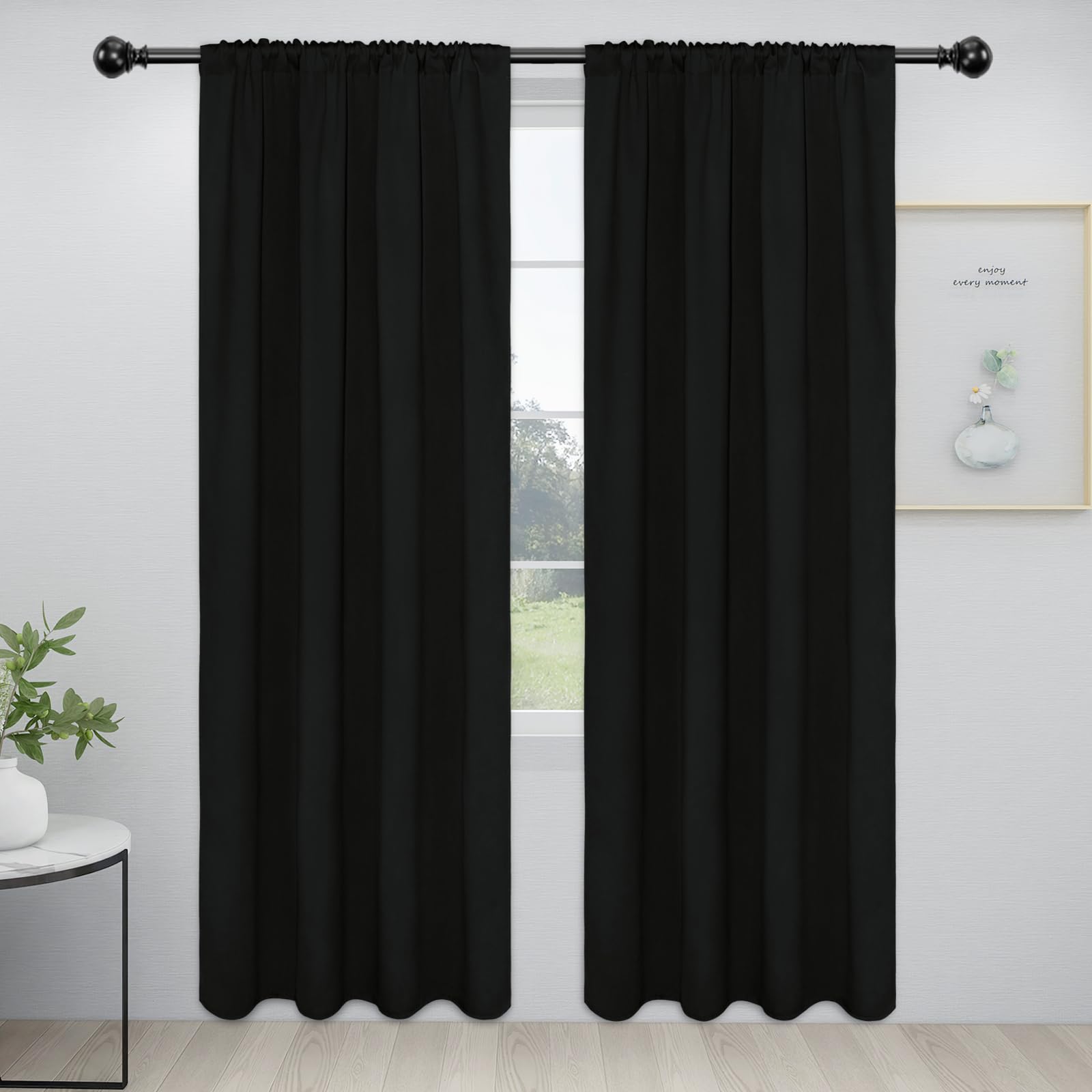 Easy-Going Rod Pocket Blackout Curtains For Bedroom, Room Darkening Window Curtains For Living Room, Thermal Insulated Noise Reduction Solid Window Drapes, 2 Panels(34X84 In, Black)