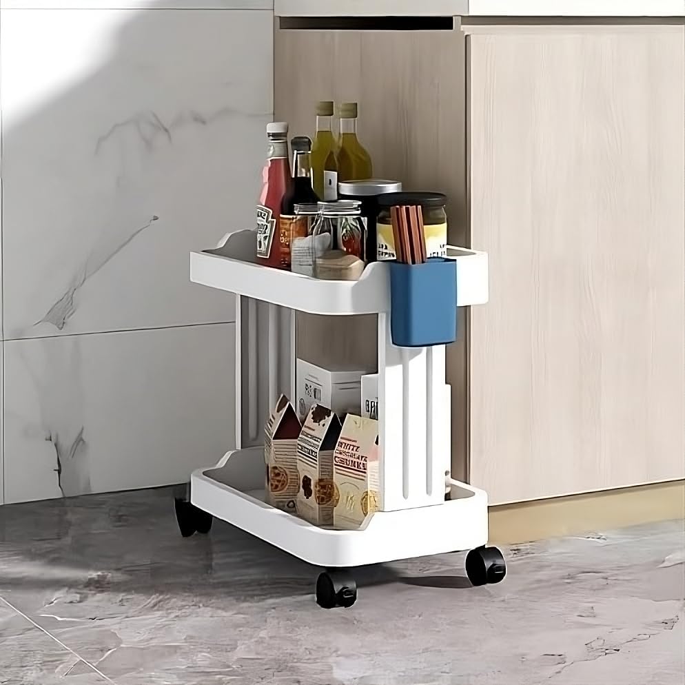 Klive 2 Layers Folding Storage Organizer Slim Rack Shelf With Wheels Kitchen Trolley Rack Holder Storage Organizer Kitchen, Bath