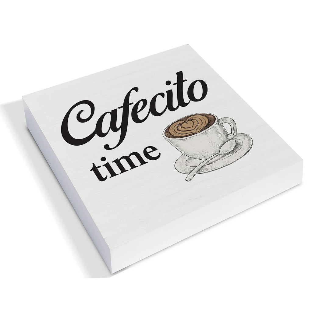 Country Cafecito Time Wood Box Sign Decor Desk Sign Coffee Caffeine Lover Wooden Box Block Sign Rustic Home Kitchen Shelf Tablet