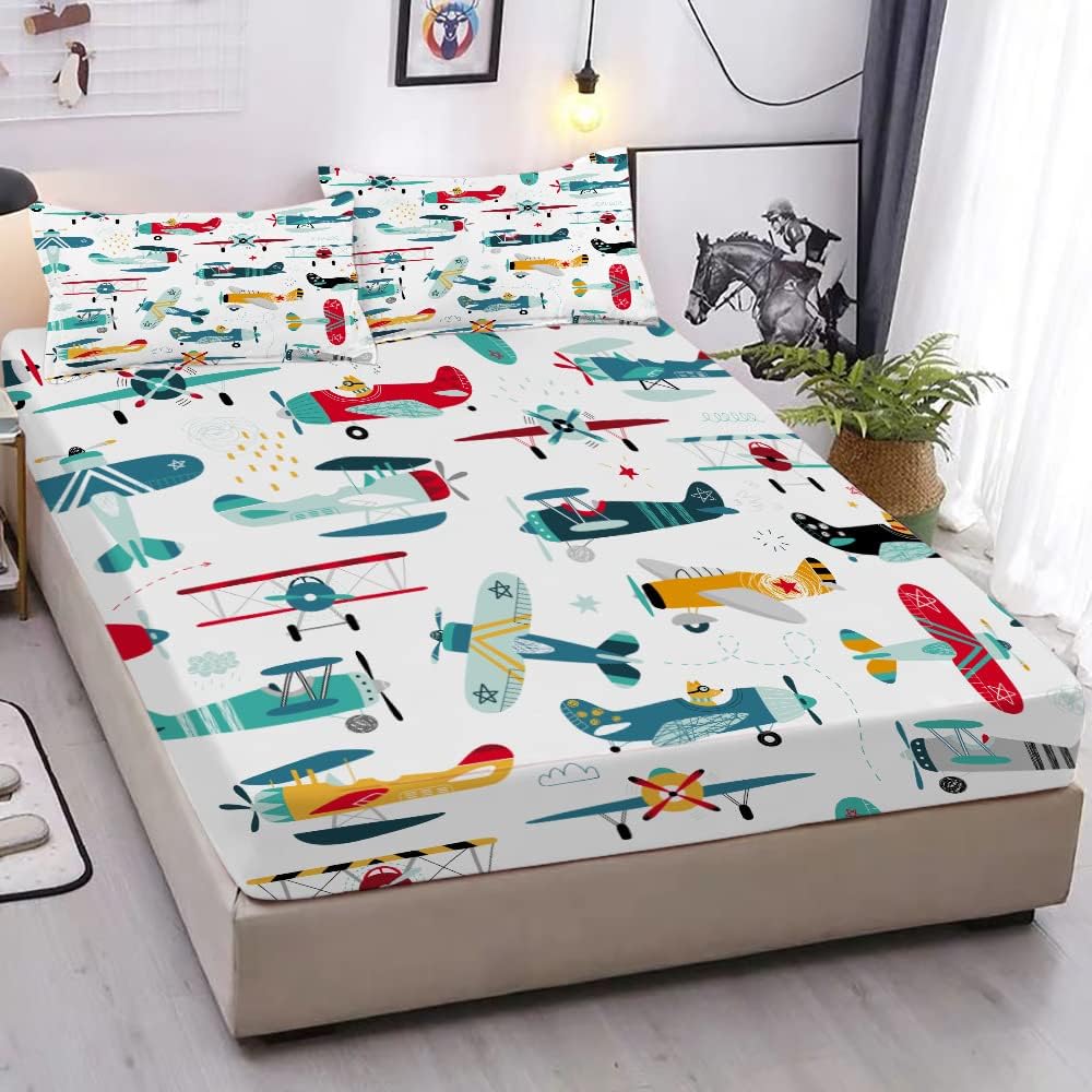 Yasida Cartoon Airplane Bed Sheets Set Full Size For Kids Teens Colorful Cartoon Propeller Plane Bed Fitted Sheets Boys Girls Te