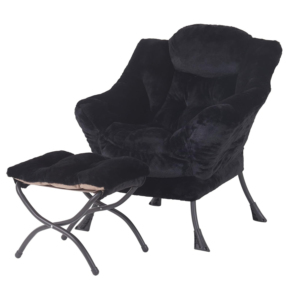 Welnow Lazy Chair With Ottoman, Modern Lounge Accent Chair With Armrests And A Side Pocket, Leisure Sofa Chair Set, Reading Chair With Footrest For Small Space, Corner Chair, Plush Black