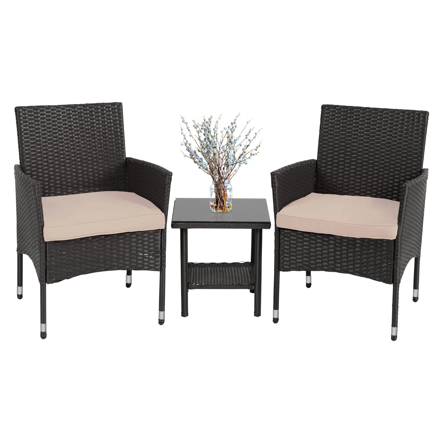 Fdw Patio Furniture Set Outdoor Furniture Wicker Bistro Rattan Chair Conversation Sets With Coffee Table For Yard Backyard Lawn Porch Poolside Balcony,Black And Beige