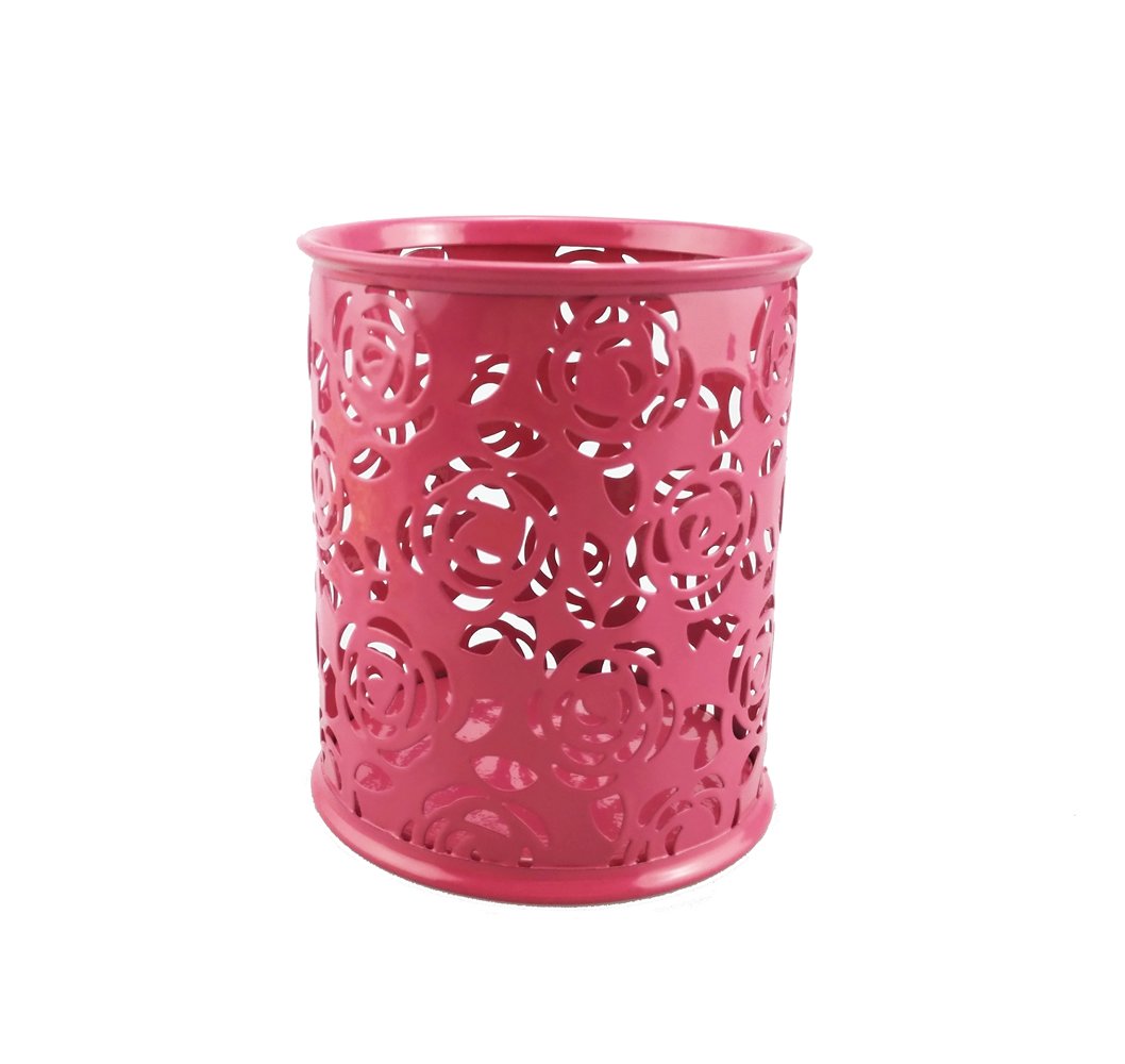 Yueton Hollow Rose Flower Pattern Metal Pen Pencil Pot Cup Holder Desk Container Organizer (Hot Pink)