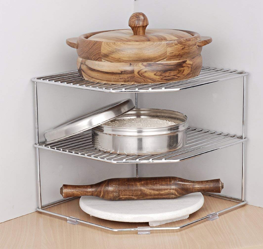 Indian Decor. Metal Chrome Plated Plate Rack/Kitchen Shelf/Corner Shelf / 11X11X9.5, Silver