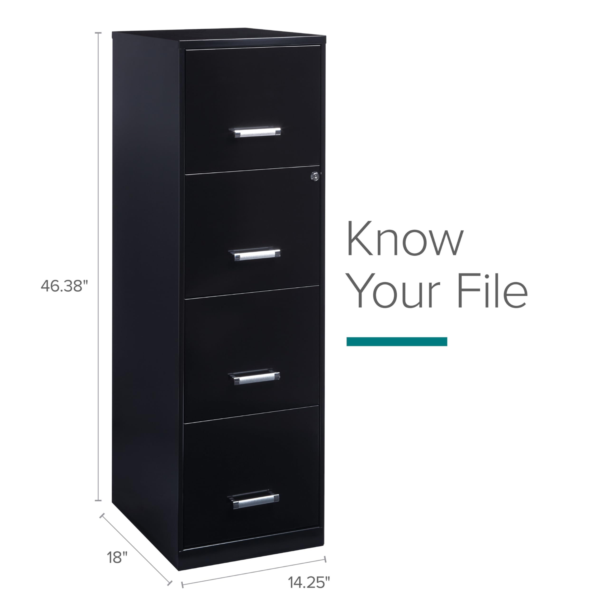 Space Solutions Hirsh 18' Deep 4 High-Side Drawers Modern Metal Vertical File Cabinet For Small Office Or Home Office, With Cam Lock, Letter-Size Hanging Folders In Black