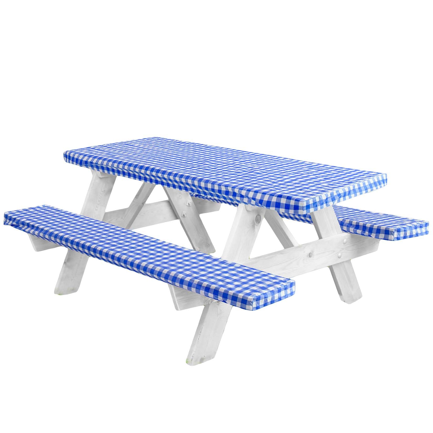 Linpro Premium Picnic Table Cover With Bench Covers Vinyl Fitted Picnic Table Covers With Elastic Rv Camping Accessories And Camper Must Haves Waterproof (Blue Gingham, 72 X 30 (6Ft)) (Cln 6X2 Vinyl)
