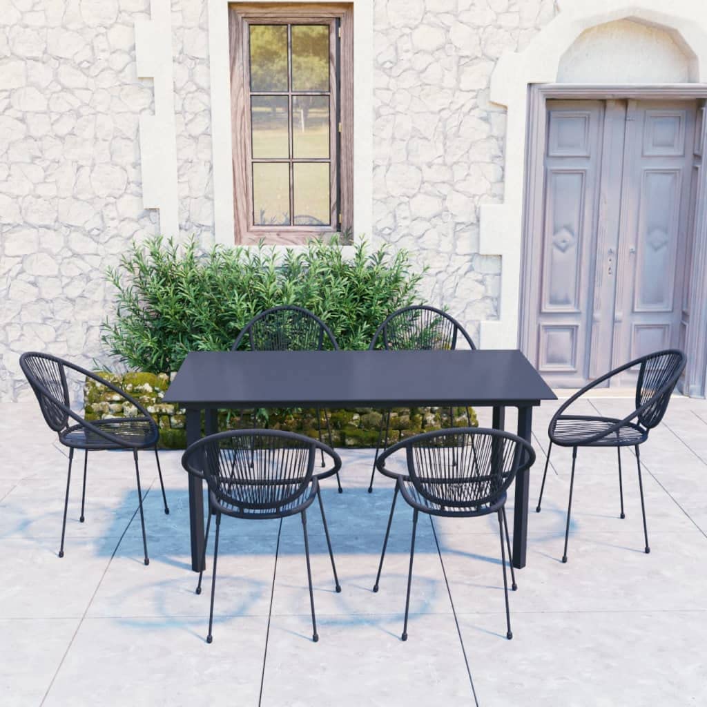 vidaXL Patio Dining Set ?3 Piece Black PVC Rattan, Steel Frame, Stackable Chair, Glass Tabletop for Garden/Balcony
