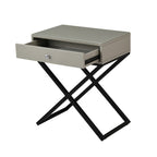 Lilola Home Koda Taupe Wooden End Side Table Nightstand with Glass Top, Drawer and Metal Cross Base