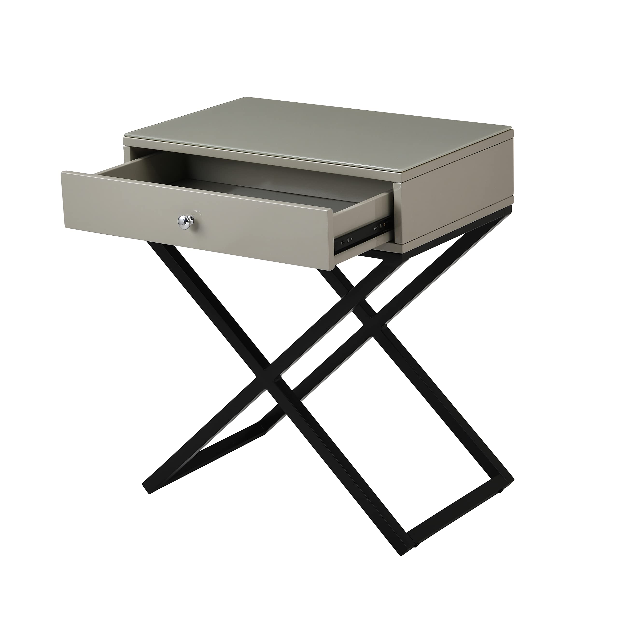 Lilola Home Koda Taupe Wooden End Side Table Nightstand with Glass Top, Drawer and Metal Cross Base