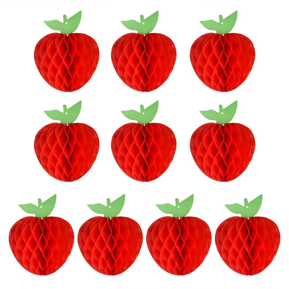 FEPITO 10 Pack 7 Inch Apple Tissue Honeycomb Hanging Red Paper Apple Decorations Fruit Decoration for Back to School, Baby Showe