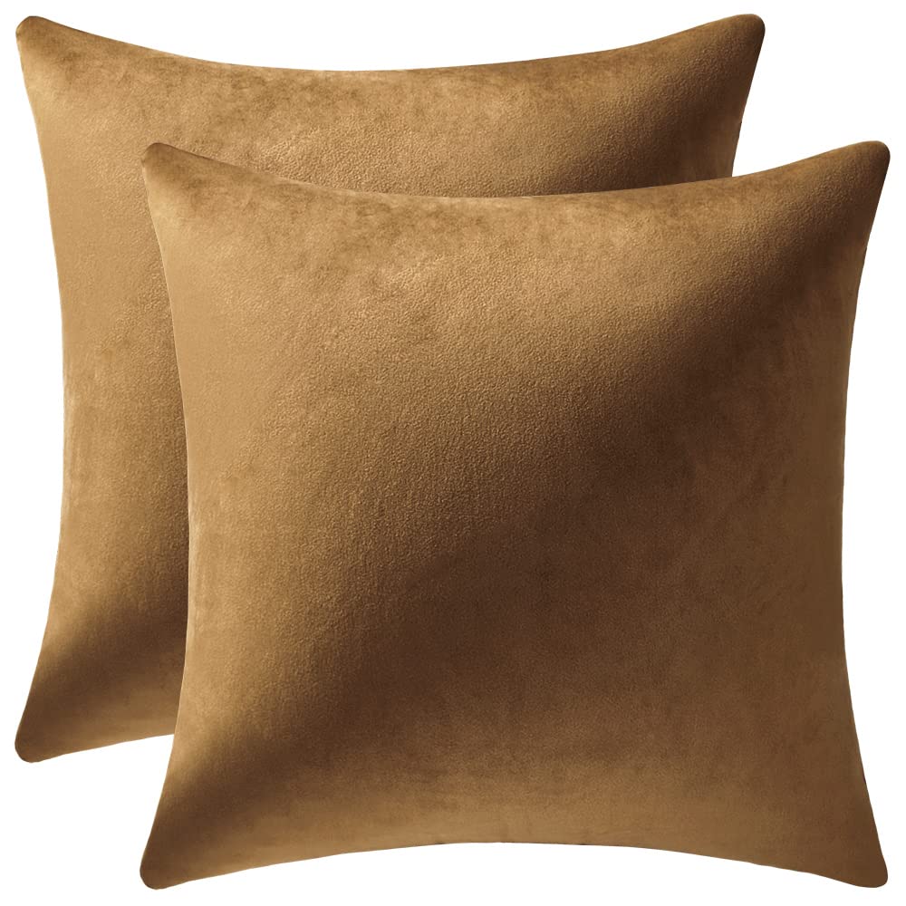 Dezene Throw Pillow Cases 22X22 Golden Brown: 2 Pack Cozy Soft Velvet Square Decorative Pillow Covers For Farmhouse Home Decor