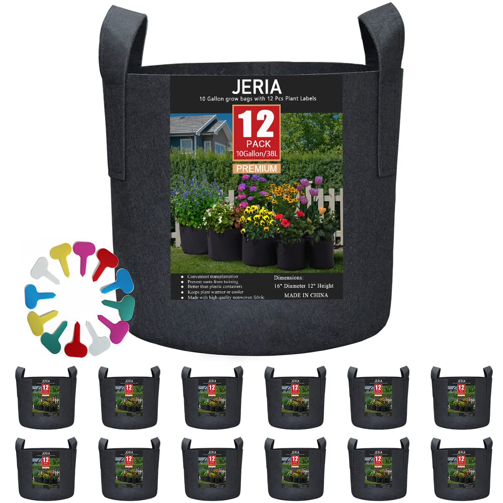 Jeria 12-Pack 10 Gallon, Vegetable/Flower/Plant Grow Bags, Aeration Fabric Pots With Handles (Black), Come With 12 Pcs Plant Lab