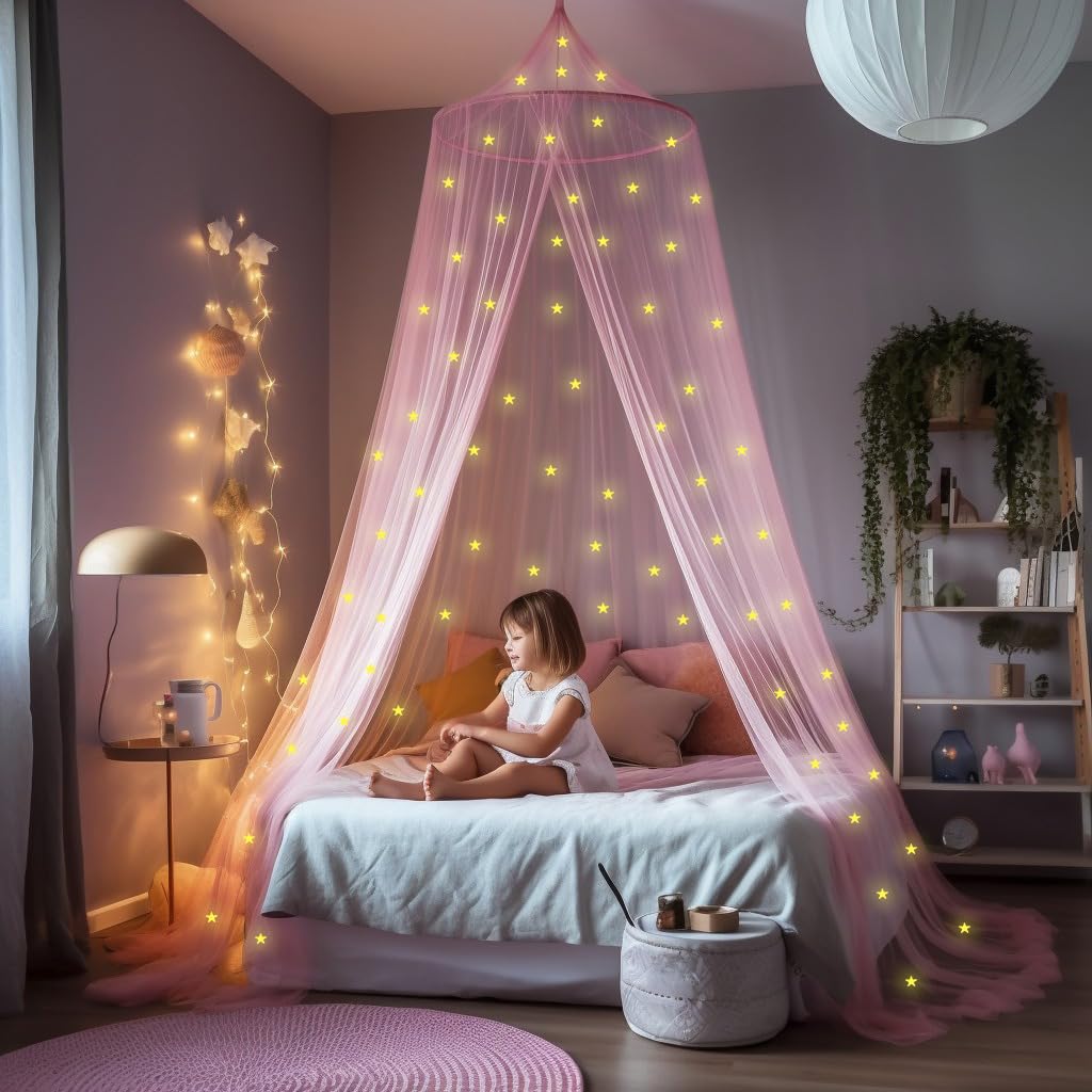 Pink Canopy For Girls Bed With Pre-Glued Glow In The Dark Stars - Princess Mosquito Net Room Decor - Kids & Baby Bedroom Tent Wi