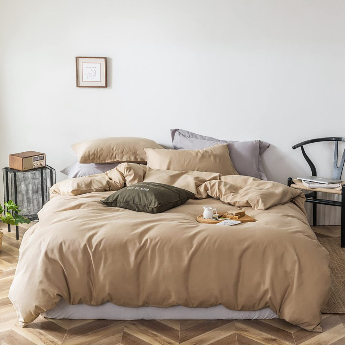 Cottonight Champagne Comforter Set Queen Beige Khaki Bedding Comforter Set Full Solid Taupe Blanket Quilts Cotton Soft Breathabl