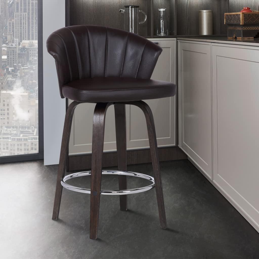 HomeRoots Chrome Steel, Faux Leather, Plywood 26' Dark Brown Faux Leather and Rustic Wood Back Swivel Bar Stool