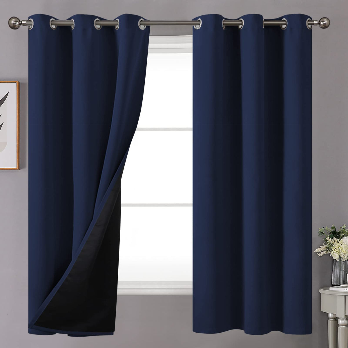Youngstex Navy Blue 100% Blackout Curtains For Bedroom, Heavy Double Layer Noise Reduce Dark Out Short Window Drapes For Kids Ro