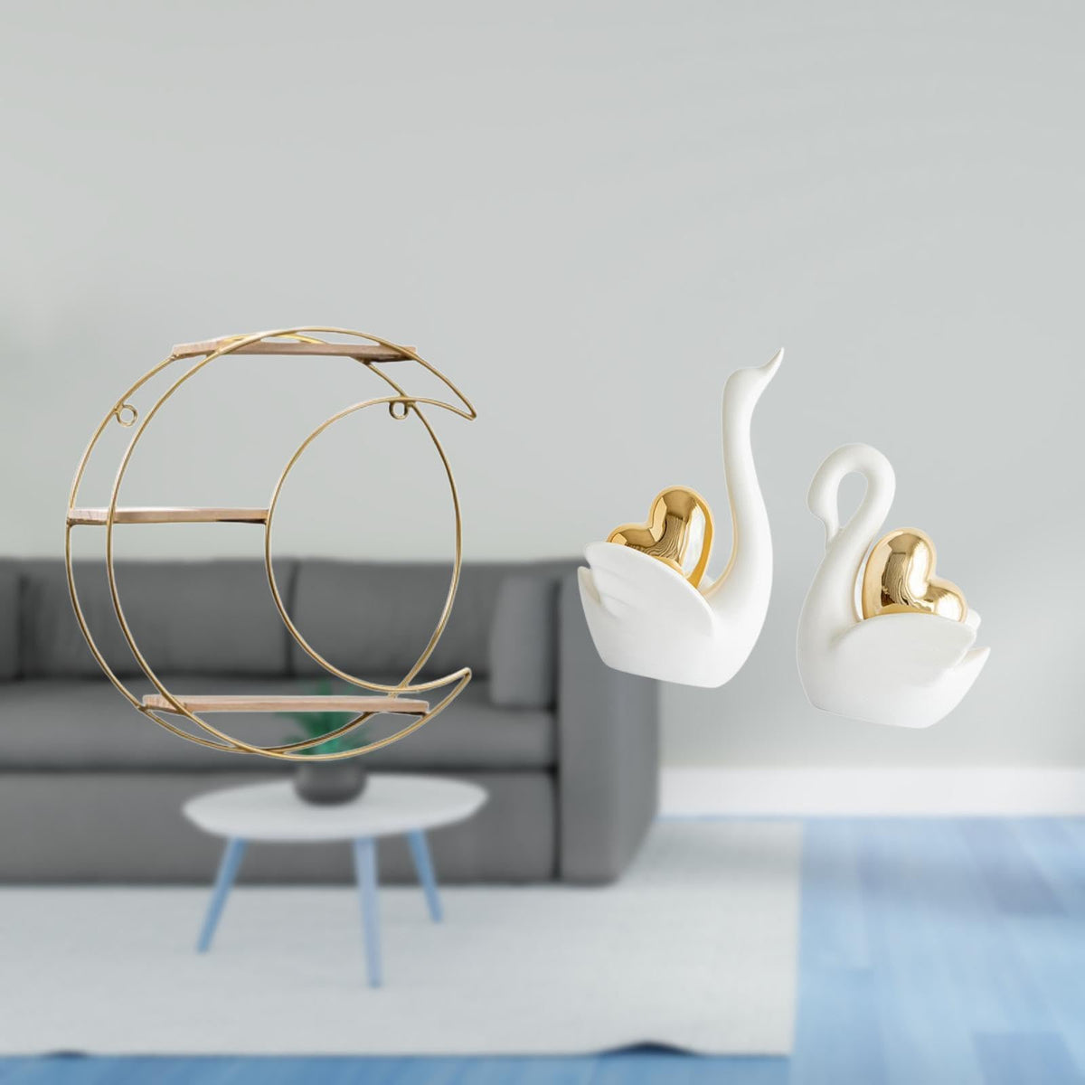 Enakshi Modern Multifunctional Wall Mounted Shelf With Swan Figurines Decorative Space Saving Collectibles Trophy Art Crafts Tab