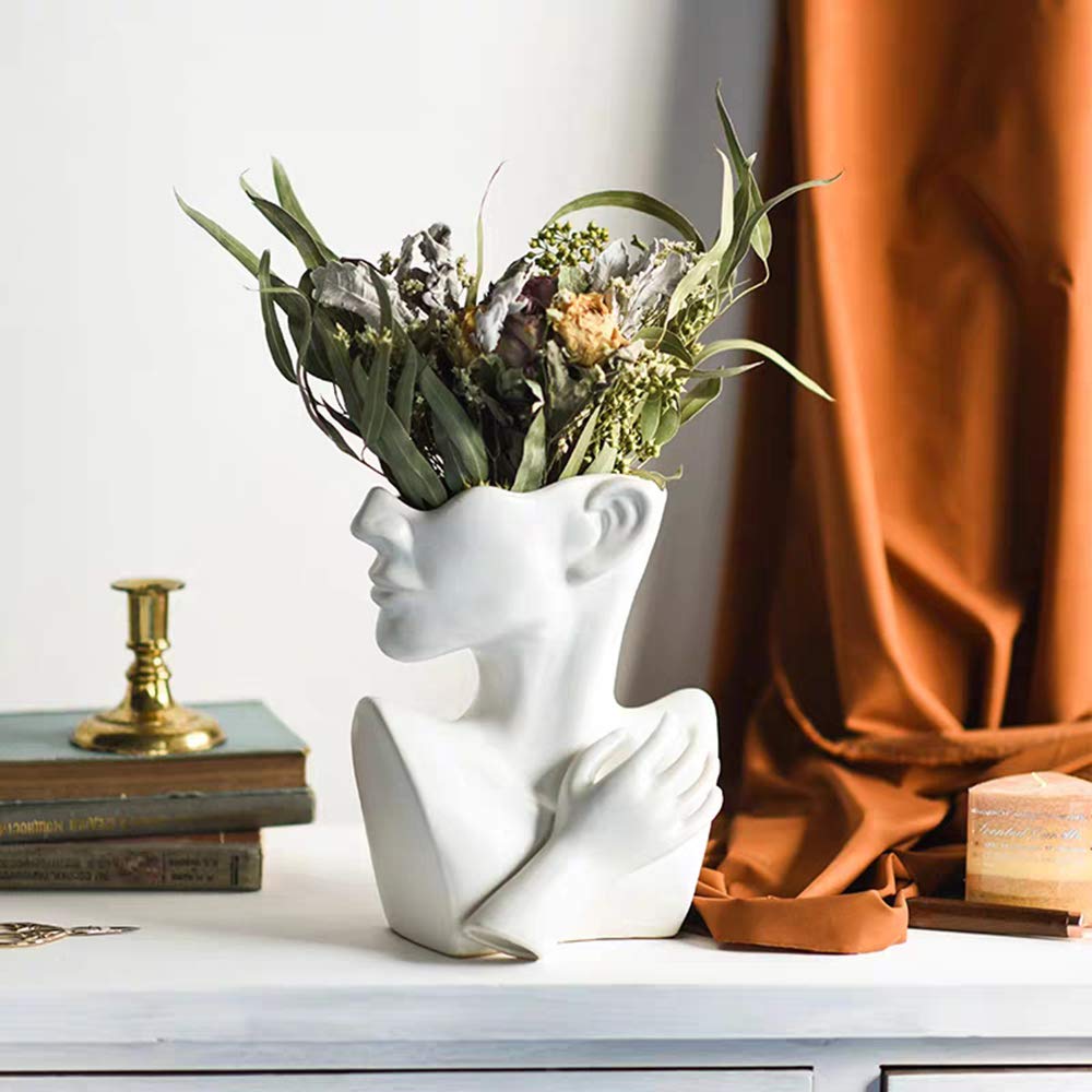 Funsoba Ceramics Statue Flower Vase Face Pots Bust Head Shaped for Birthday Gifts Home Office Decoration (White)