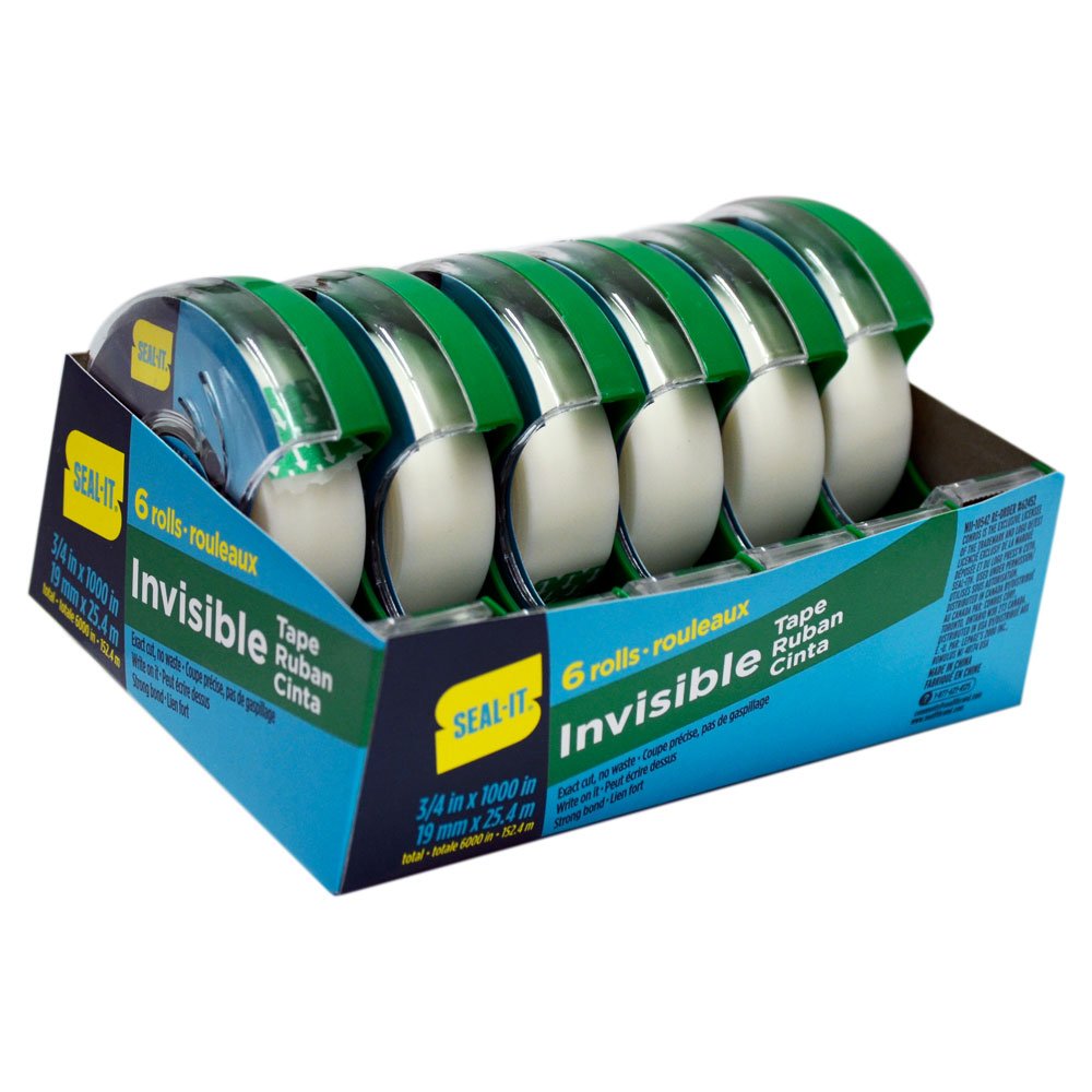 Seal-It Invisible Stationery Tape 3/4 X 1000 Inches On Press N' Cut Dispenser, Pack Of 6 Total 6000 Inches, White (62452)