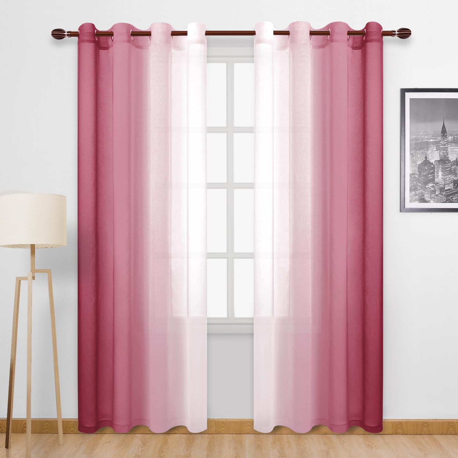 Dwcn Faux Linen Ombre Sheer Curtains - Semi Voile Gradient Grommet Top Curtains For Bedroom And Living Room, Set Of 2 Window Cur