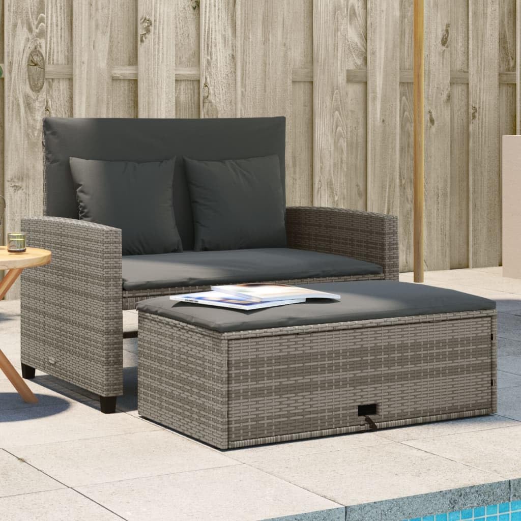 vidaXL Patio Sofa with Cushions - 2-Seater Storage Garden Bench Gray Poly Rattan - Comfortable Outdoor Furniture, Reclining Functionality, with Footstool and Cushions - for Patio, Deck, Garden, Lounge