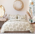 Tib Glace Cotton 78 X 60 Elastic Fitted Bedsheets Queen Size With 2 Pillow Covers, Pack Of 3, Cream Leaves