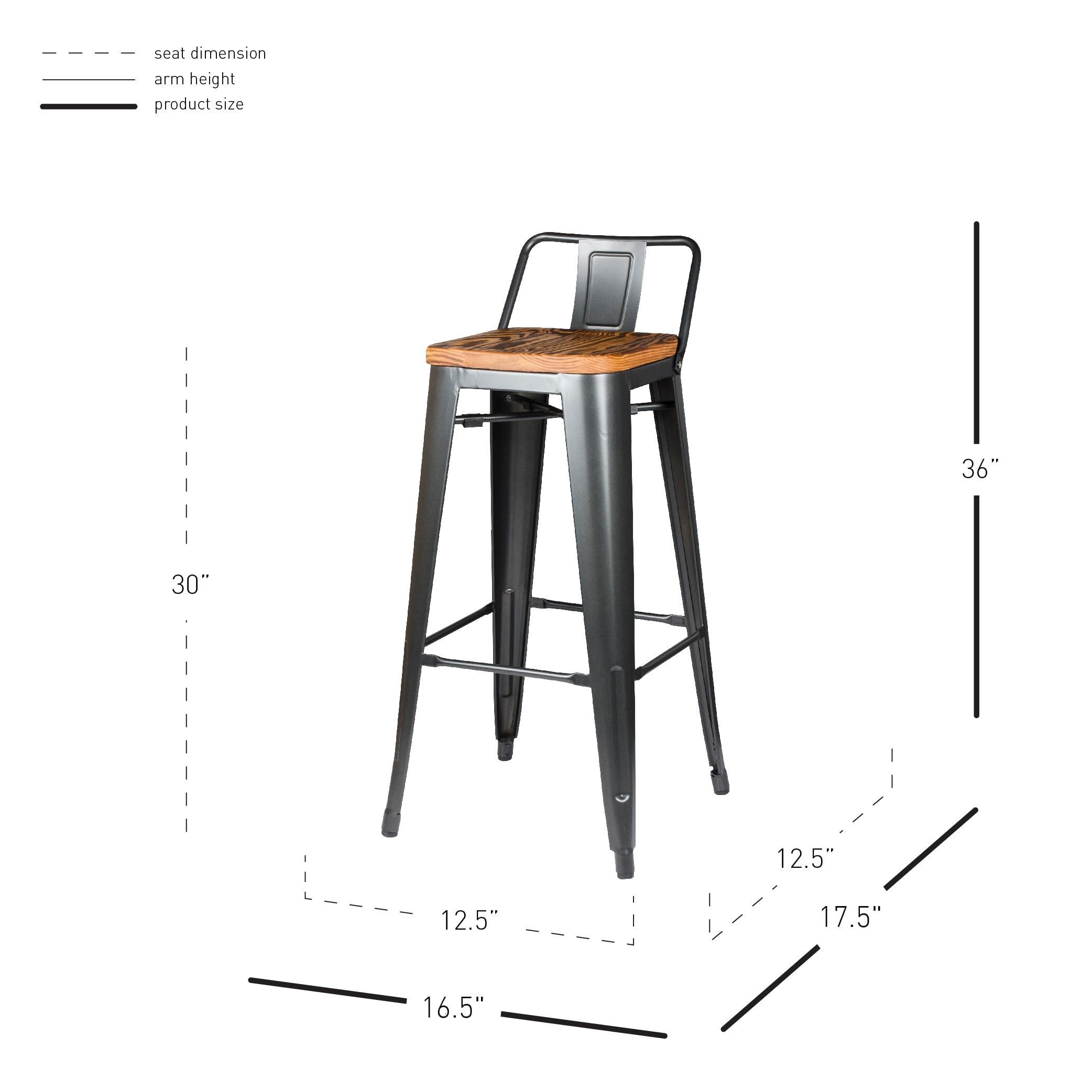 New Pacific Direct Metropolis Metal Low Back Bar Stool 30&quot; Wood Seat,Gunmetal Gray,Set Of 4