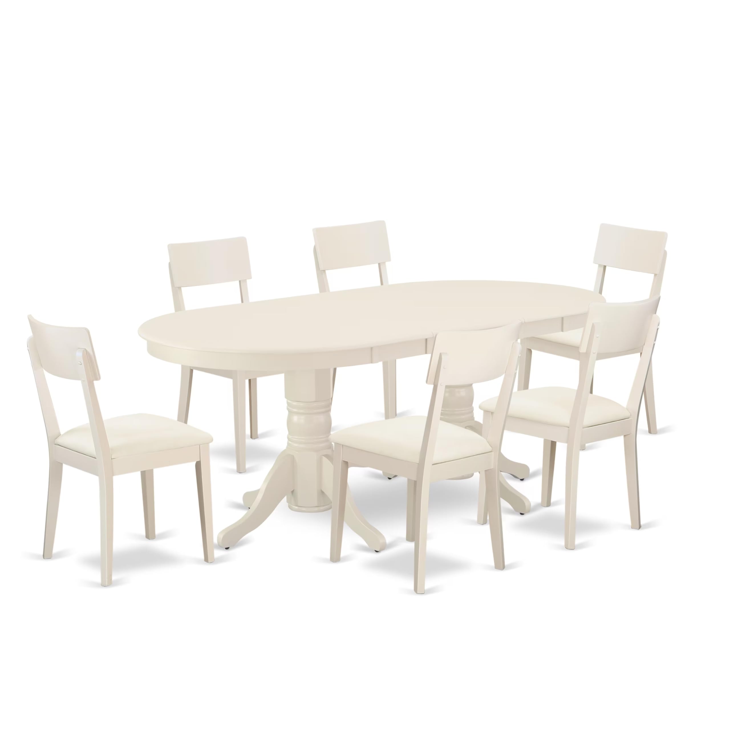 East West Furniture Vaad7-Lwh-Lc 7 Piece Dinette Set Consist Of An Oval Dining Room Table With Butterfly Leaf And 6 Faux Leather Upholstered Dining Chairs, 40X76 Inch, Linen White