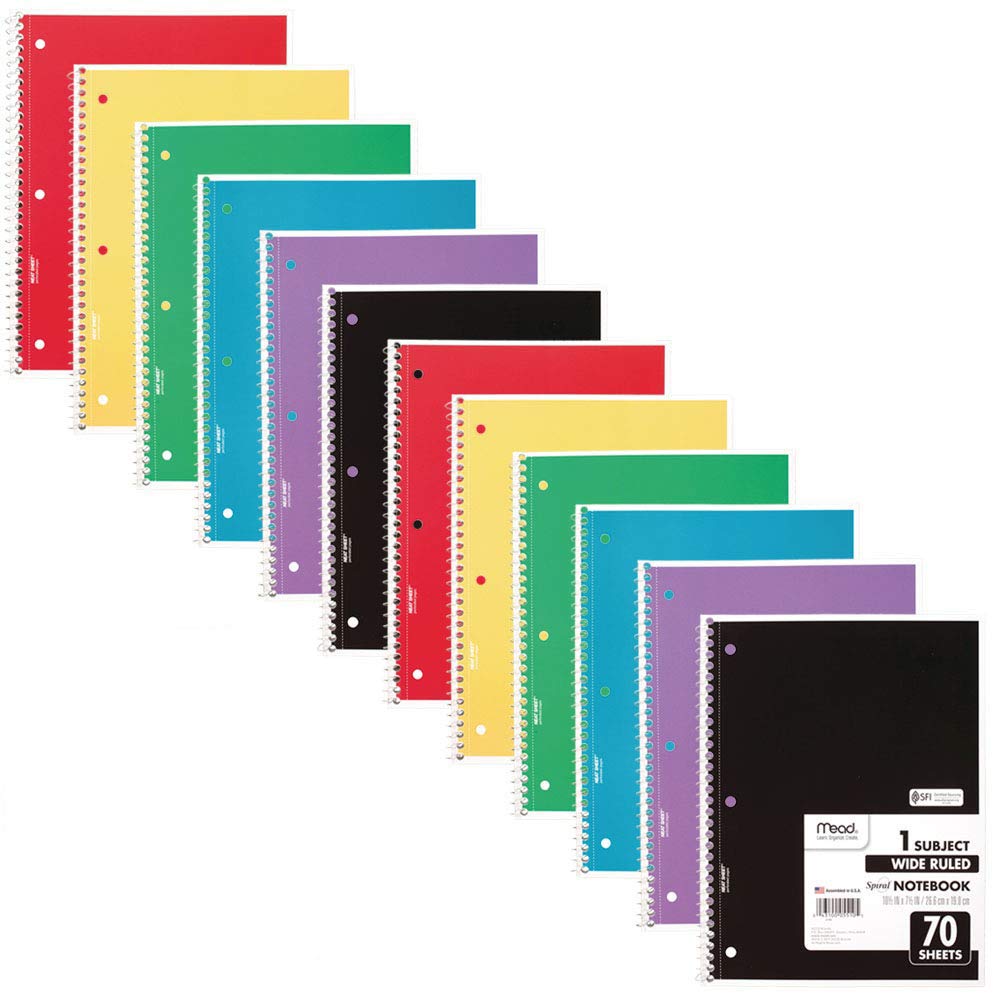Mead Spiral Notebooks, 12 Pack, 1-Subject, Wide Ruled Paper, 10-1/2' X 8', 70 Sheets Per Notebook, Color Will Vary (73699)