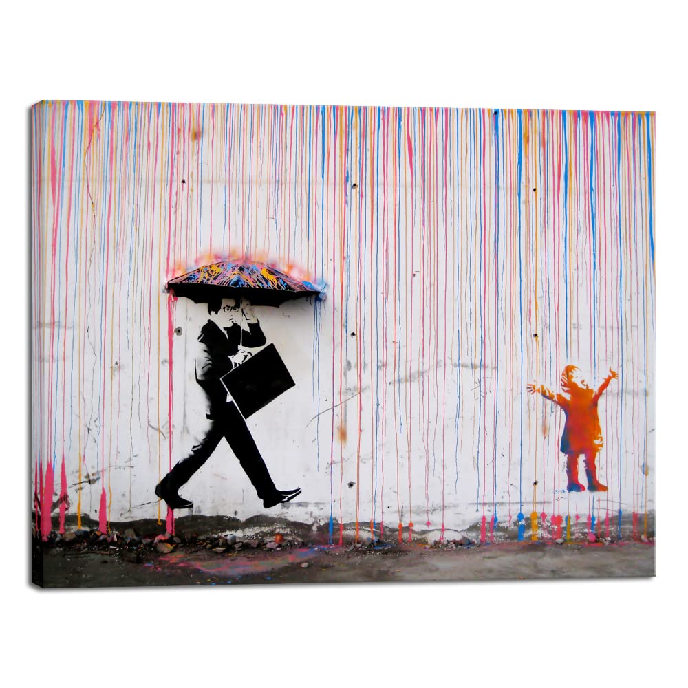 Wieco Art Banksy Raining Day or Colorful Graffiti Street Famous Canvas Paintings Wall Art Modern Inspirational Grey Love Picture