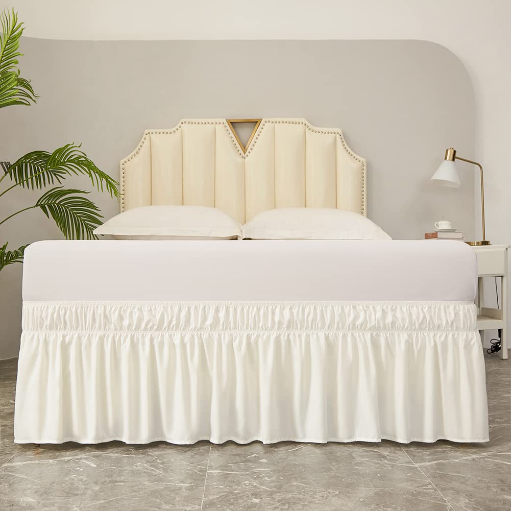 Meila Wrap Around Bed Skirt Three Fabric Sides Elastic Dust Ruffled 18 Inch Tailored Drop,Easy To Install Fade Resistant-Natural White, Twin/Full