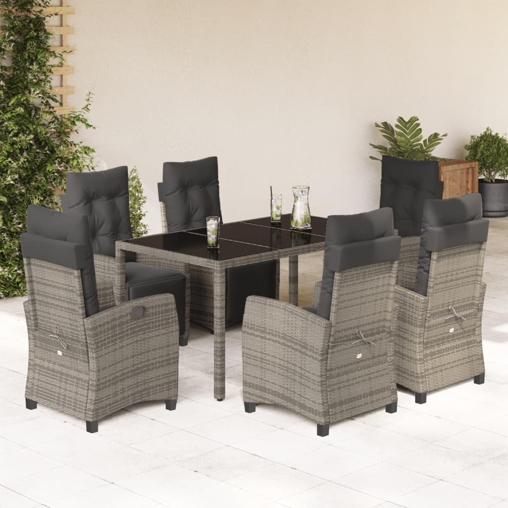 vidaXL 7 Piece Patio Dining Set with Cushions - Gray Poly Rattan, Adjustable Backrests, Tempered Glass Tabletop, Outdoor & Garden Furniture