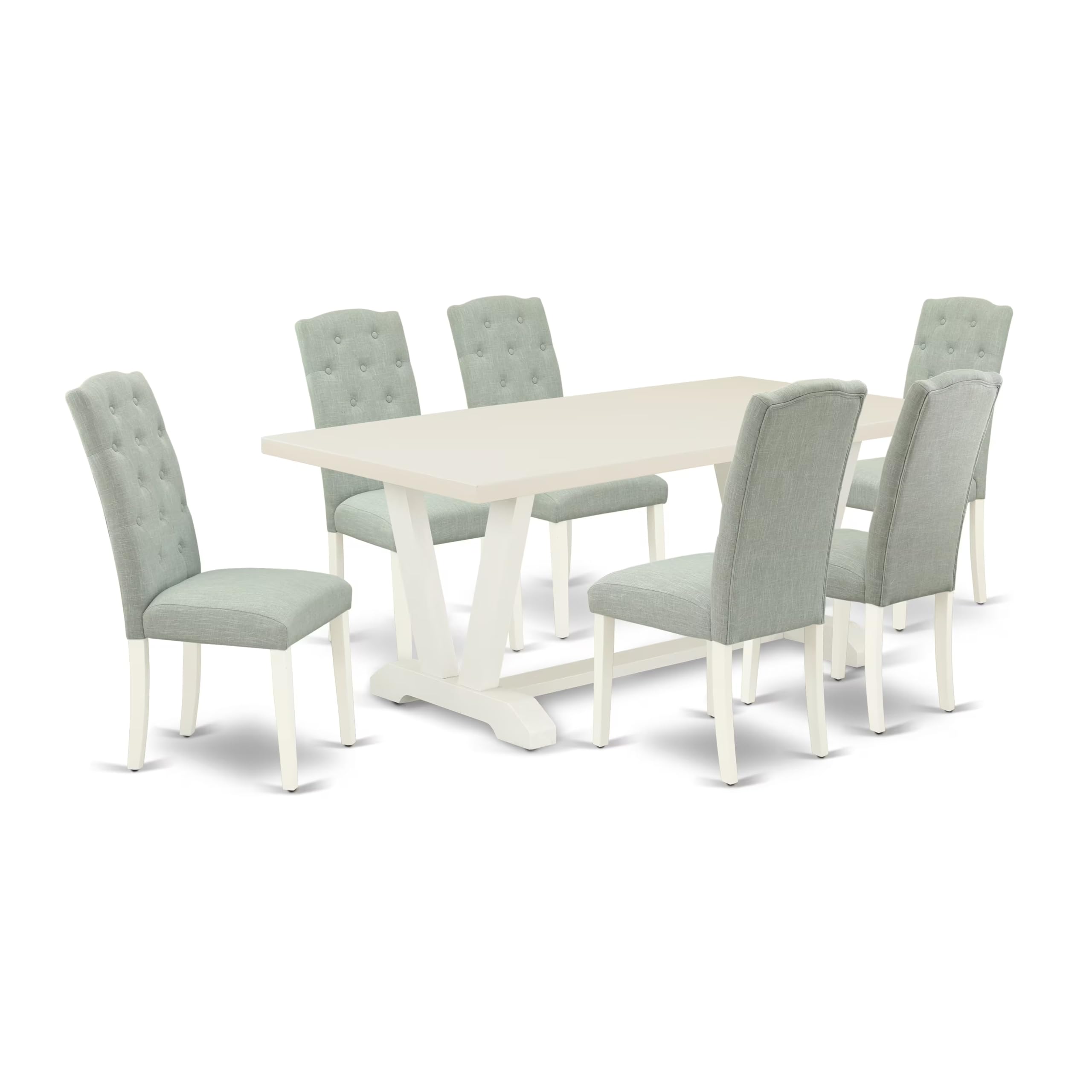 East West Furniture V027Ce215-7 7 Piece Dining Room Table Set Consist Of A Rectangle Kitchen Table With V-Legs And 6 Baby Blue Linen Fabric Parsons Dining Chairs, 40X72 Inch, Multi-Color