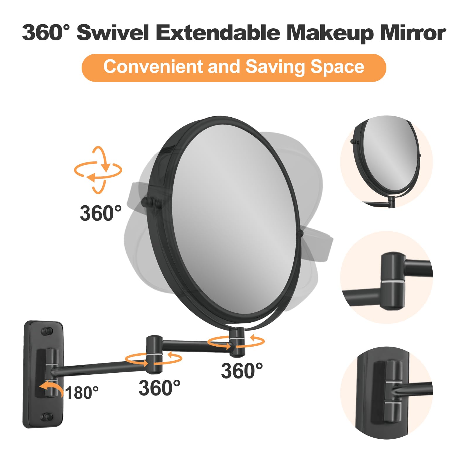 Ffowcye 8' Wall Mounted Magnifying Makeup Mirror, 1X/10X Double-Sided Shaving Mirror, 360 Swivel Mirror Wall Mount, Extendable