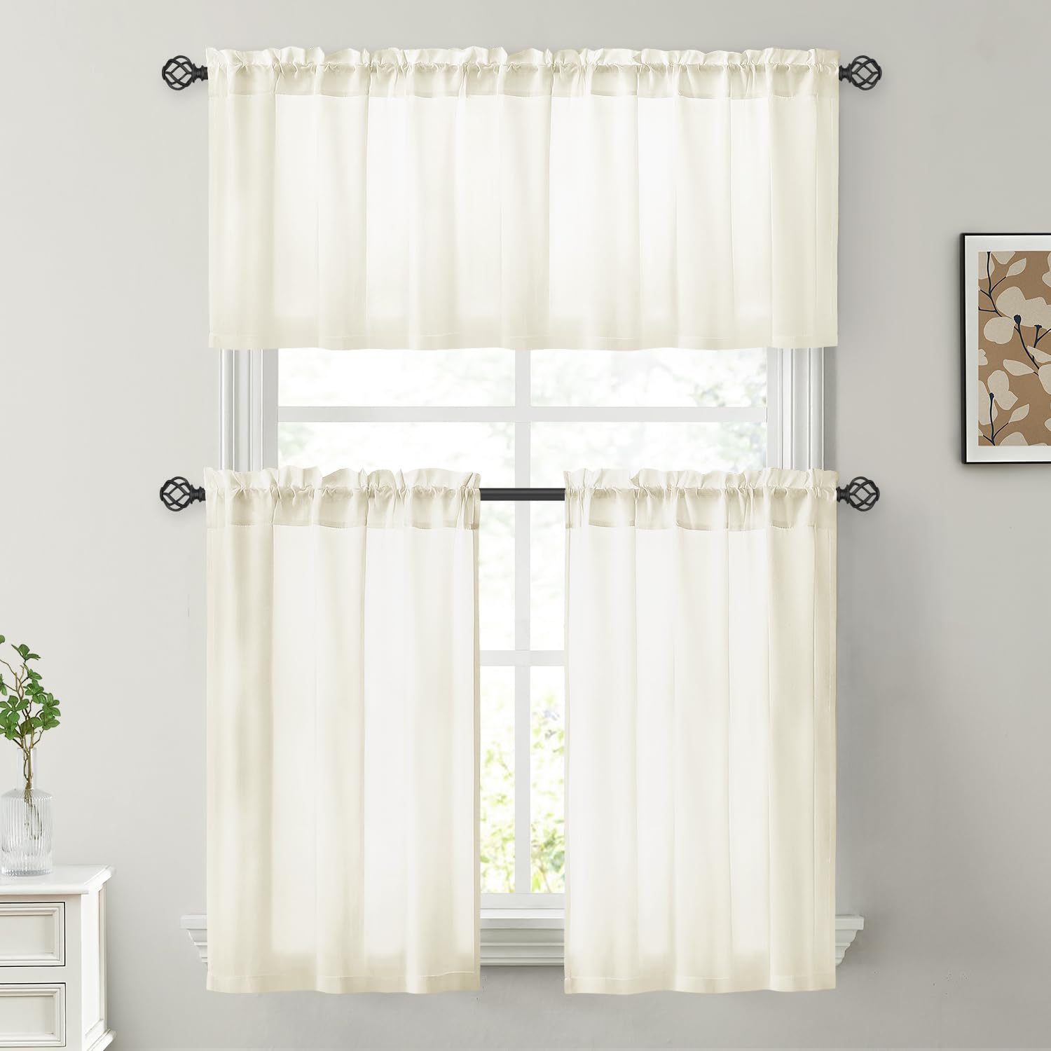 HOMEIDEAS Cream Yellow Privacy Sheer Kitchen Curtains, 30x24, Light Filtering Drapes, 2 Panels for Bedroom & Living Room
