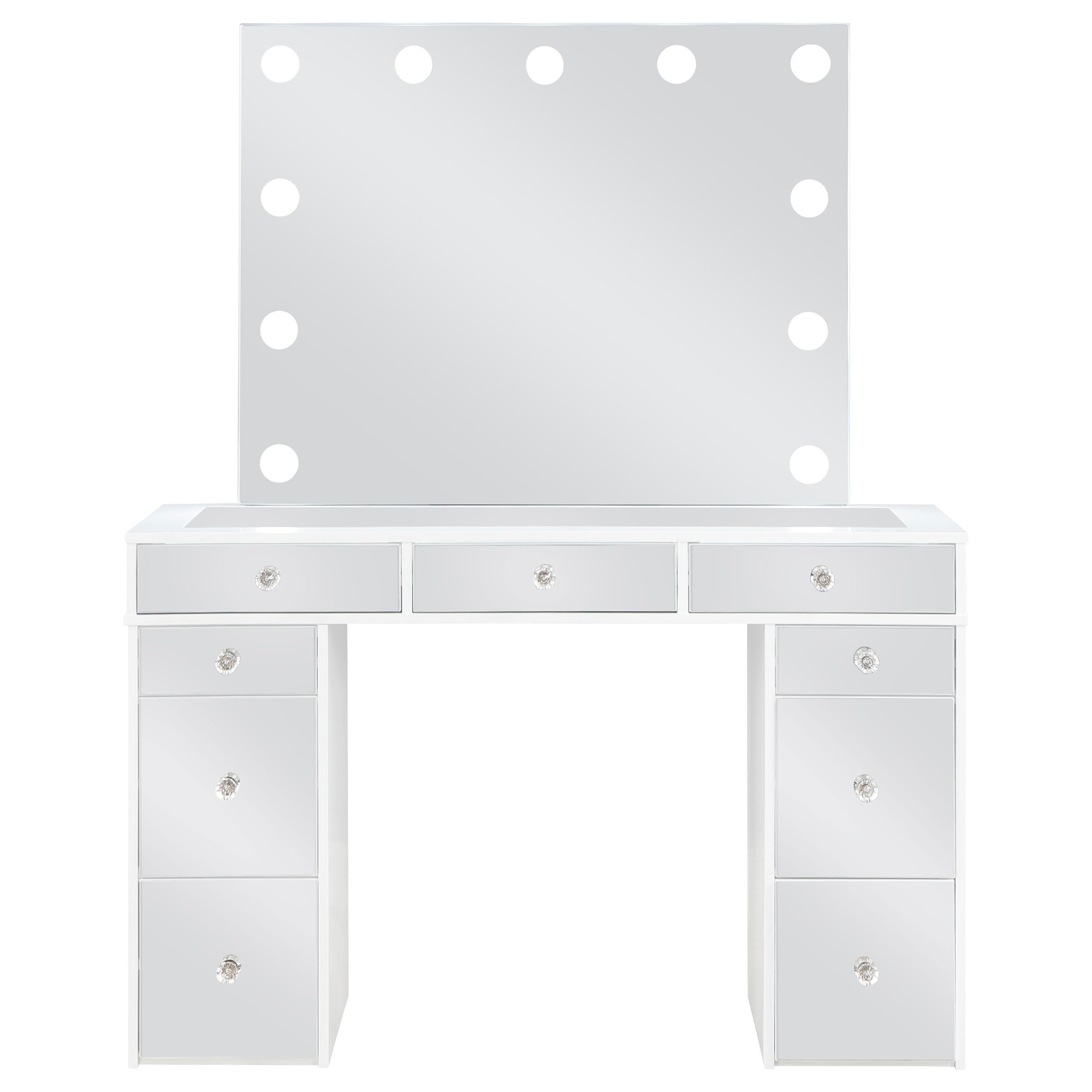 Coaster Home Furnishings Regina Contemporary 3-Piece 9-Drawer Mirrored Makeup Vanity Desk with Hollywood Vanity Mirror for Bedroom with Grey Velvet Upholstered Stool White 930245