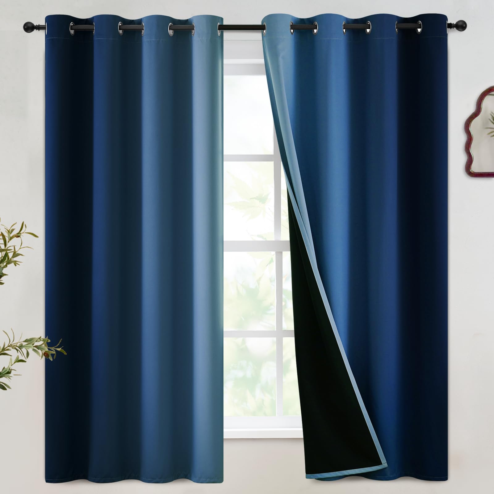 Simplehome Blue And Greyish White Blackout Curtains For Bedroom 63 Inches Long, Room Darkening Grommet Curtains For Living Room,