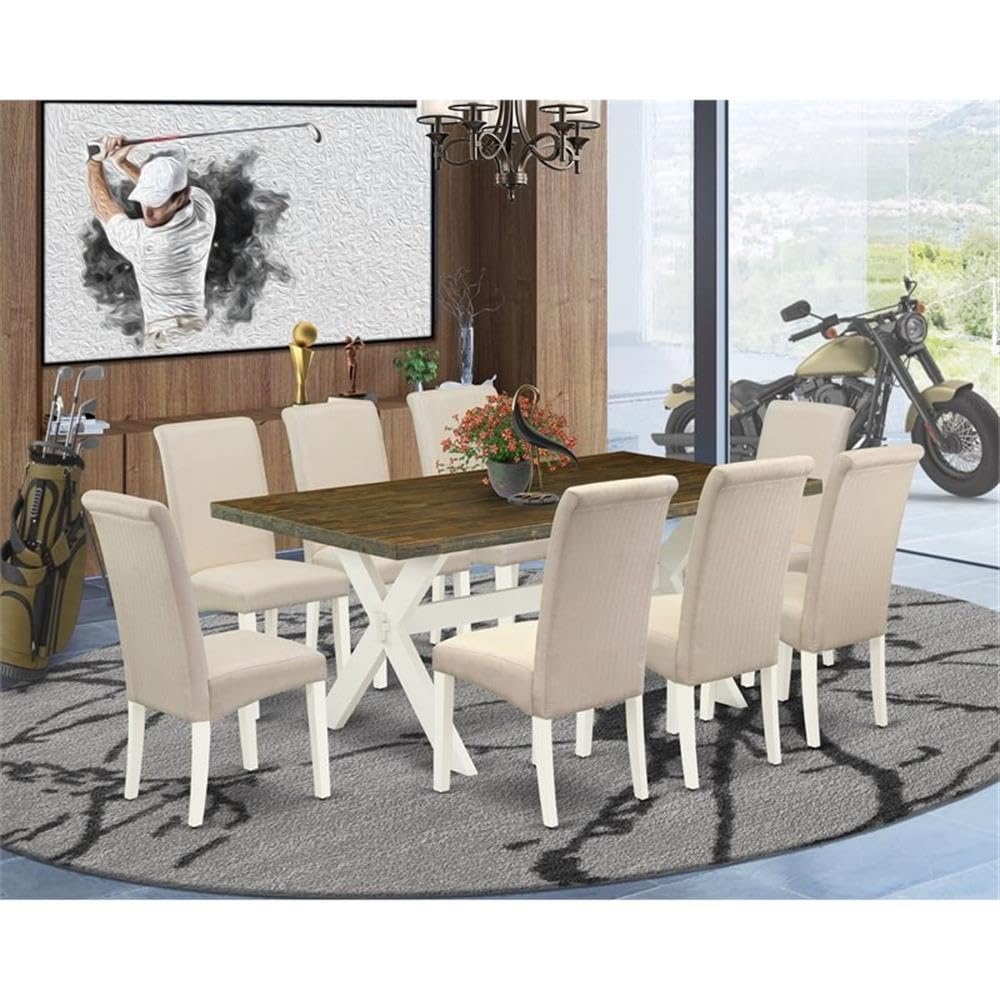 East West Furniture X077Ba201-9 9 Piece Dining Set Includes A Rectangle Dining Room Table With X-Legs And 8 Cream Linen Fabric Upholstered Parson Chairs, 40X72 Inch, Multi-Color
